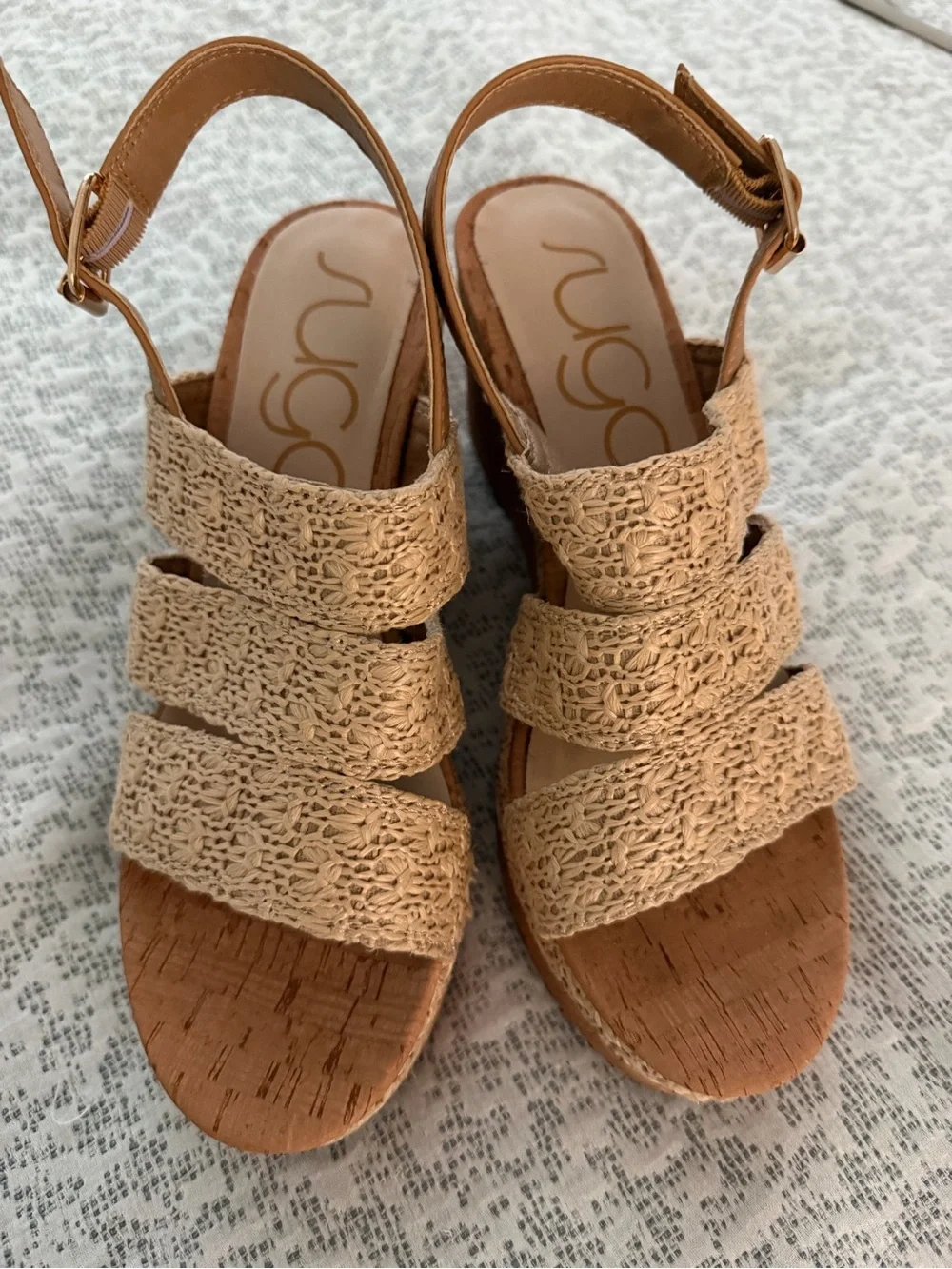 Sugar Tan Crochet Wedge Sandals with Cork Platform